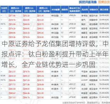 中原证券给予龙佰集团增持评级，中报点评：钛白粉盈利提升带动上半年增长，全产业链优势进一步巩固