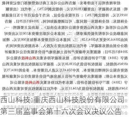 西山科技:重庆西山科技股份有限公司第三届监事会第十六次会议决议公告