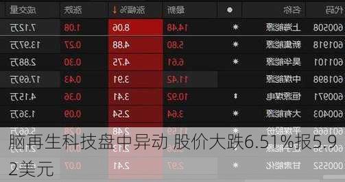 脑再生科技盘中异动 股价大跌6.51%报5.92美元