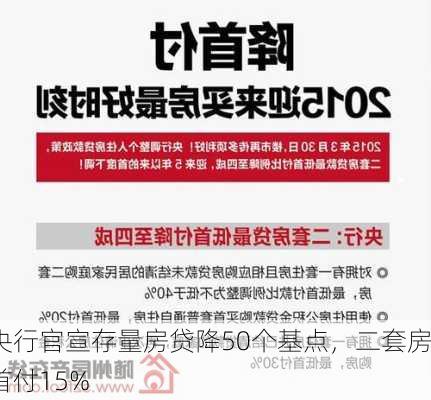 央行官宣存量房贷降50个基点，二套房首付15%