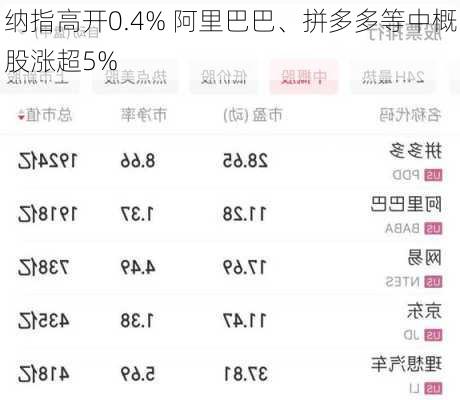 纳指高开0.4% 阿里巴巴、拼多多等中概股涨超5%