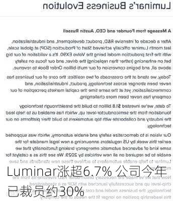 Luminar涨超6.7% 公司今年已裁员约30%