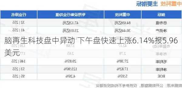 脑再生科技盘中异动 下午盘快速上涨6.14%报5.96美元