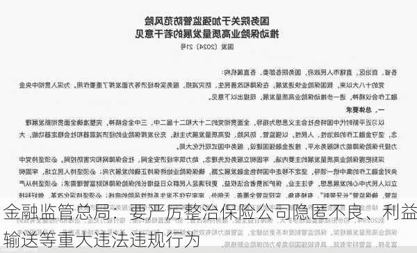 金融监管总局：要严厉整治保险公司隐匿不良、利益输送等重大违法违规行为