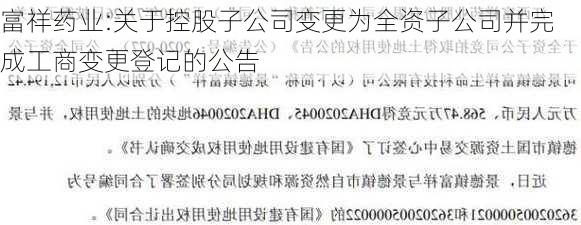 富祥药业:关于控股子公司变更为全资子公司并完成工商变更登记的公告