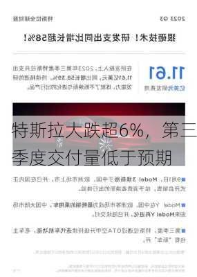 特斯拉大跌超6%，第三季度交付量低于预期