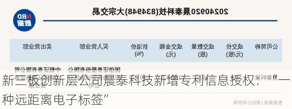 新三板创新层公司晨泰科技新增专利信息授权：“一种远距离电子标签”