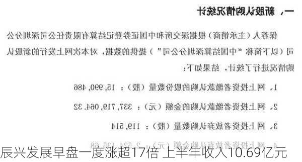 辰兴发展早盘一度涨超17倍 上半年收入10.69亿元