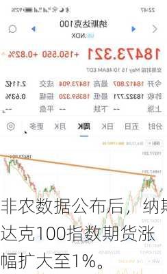 非农数据公布后，纳斯达克100指数期货涨幅扩大至1%。