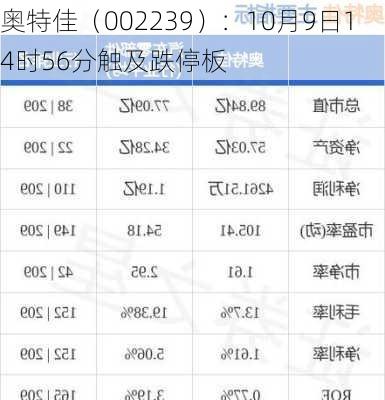 奥特佳（002239）：10月9日14时56分触及跌停板