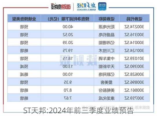 ST天邦:2024年前三季度业绩预告