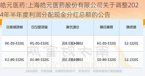 皓元医药:上海皓元医药股份有限公司关于调整2024年半年度利润分配现金分红总额的公告