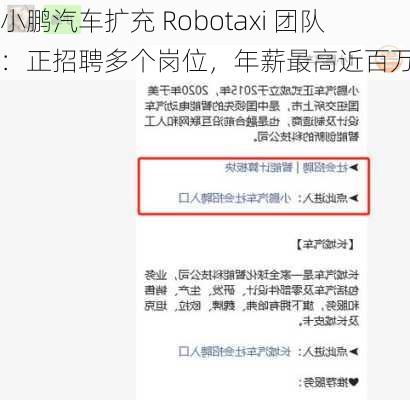 小鹏汽车扩充 Robotaxi 团队：正招聘多个岗位，年薪最高近百万