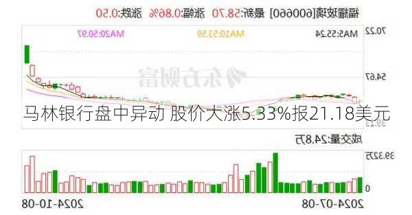 马林银行盘中异动 股价大涨5.33%报21.18美元