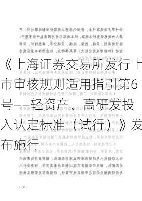 《上海证券交易所发行上市审核规则适用指引第6号――轻资产、高研发投入认定标准（试行）》发布施行