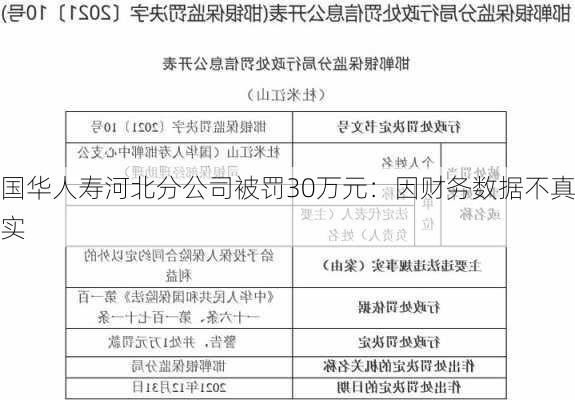 国华人寿河北分公司被罚30万元：因财务数据不真实