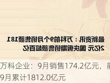 万科企业：9月销售174.2亿元，前9月累计1812.0亿元