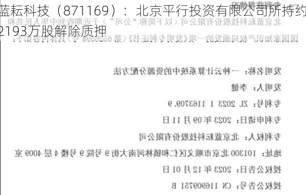 蓝耘科技（871169）：北京平行投资有限公司所持约2193万股解除质押