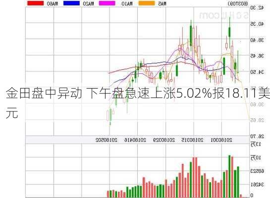 金田盘中异动 下午盘急速上涨5.02%报18.11美元