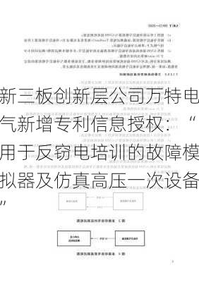 新三板创新层公司万特电气新增专利信息授权：“用于反窃电培训的故障模拟器及仿真高压一次设备”