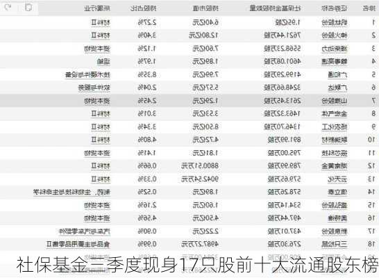 社保基金三季度现身17只股前十大流通股东榜