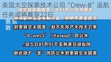 美国太空探索技术公司“Crew-8”返航任务或将推至22日