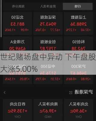 世纪赌场盘中异动 下午盘股价大涨5.00%