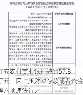 江安农村商业银行被罚57.8万元：因占压财政存款或者资金等六项违法行为