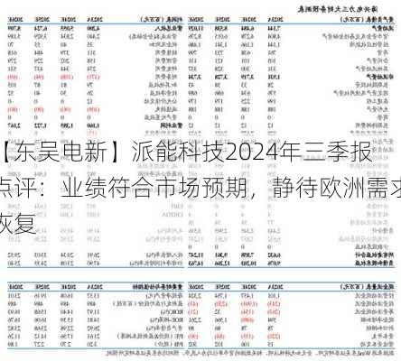 【东吴电新】派能科技2024年三季报点评：业绩符合市场预期，静待欧洲需求恢复