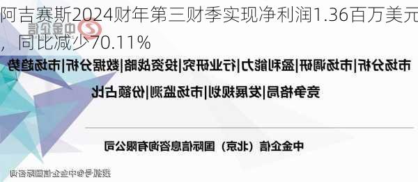 阿吉赛斯2024财年第三财季实现净利润1.36百万美元，同比减少70.11%