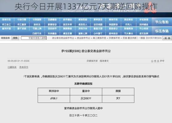 央行今日开展1337亿元7天期逆回购操作