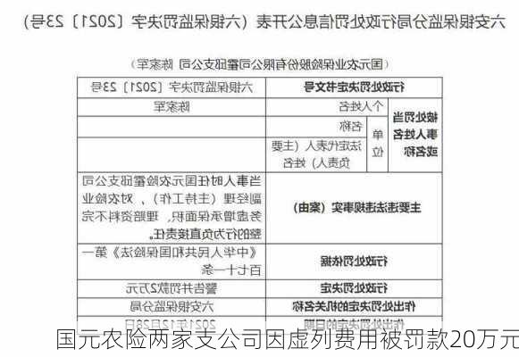 国元农险两家支公司因虚列费用被罚款20万元