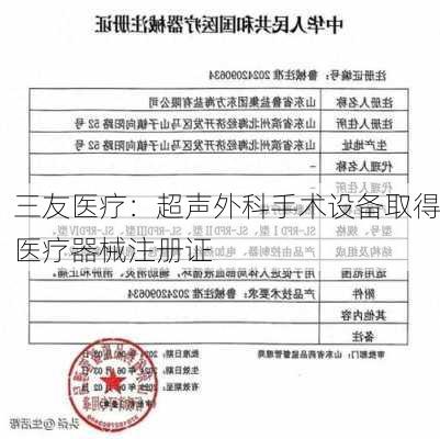 三友医疗：超声外科手术设备取得医疗器械注册证