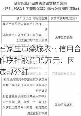 石家庄市栾城农村信用合作联社被罚35万元：因违规分红