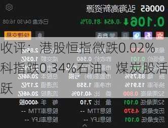 收评：港股恒指微跌0.02% 科指跌0.34%石油、煤炭股活跃