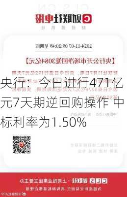 央行：今日进行471亿元7天期逆回购操作 中标利率为1.50%