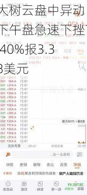 大树云盘中异动 下午盘急速下挫7.40%报3.38美元